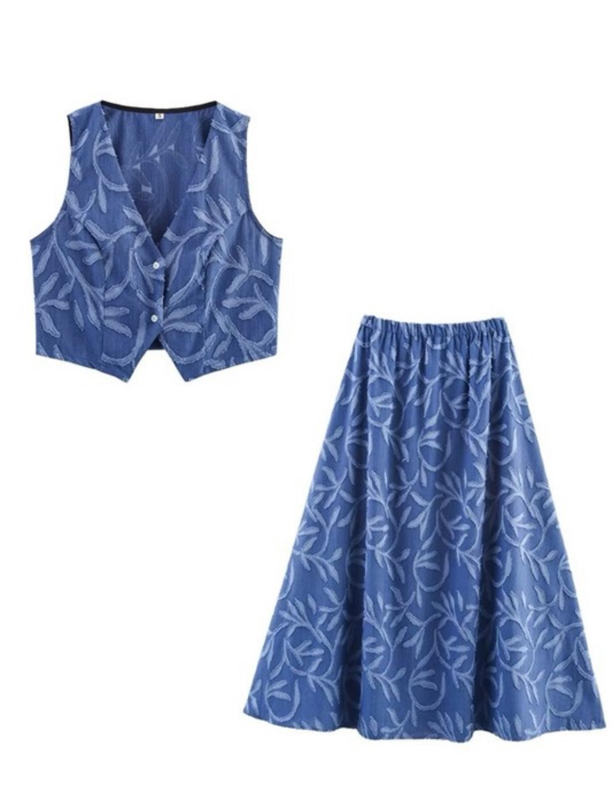 Printed Button Down Vest And Skirt